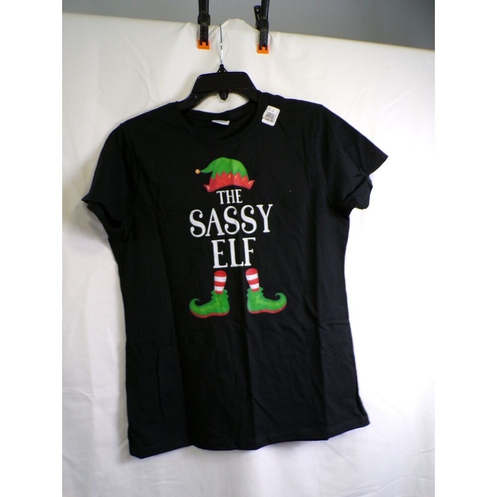 Port & Company Women's The Sassy Elf Graphic T Shirt Medium Black